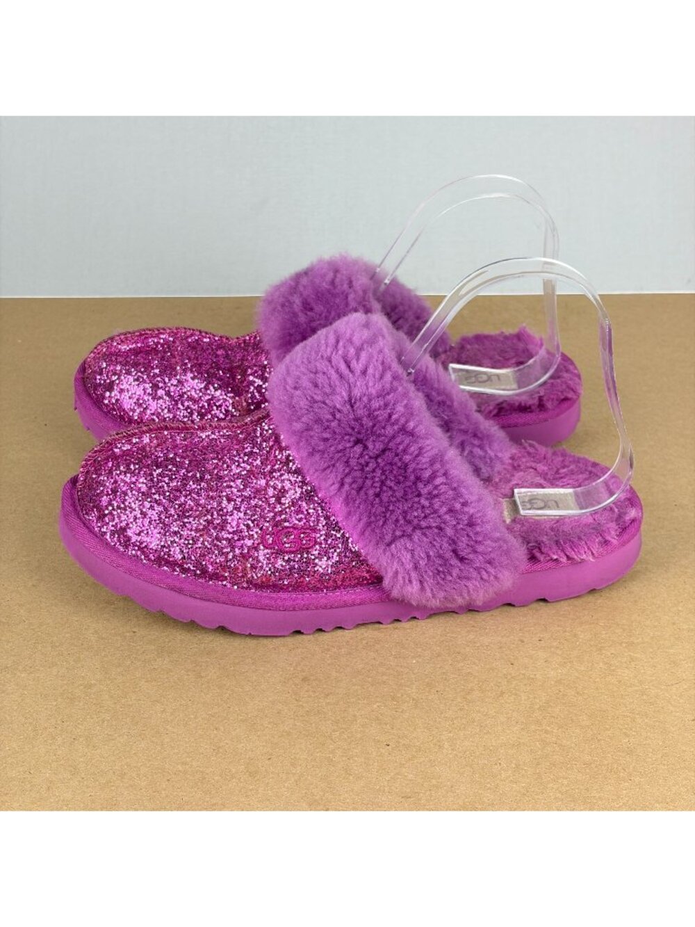 UGG Cozy II Glitter Slippers Womens 8 Magenta Slip On Scuff Sheepskin Collar